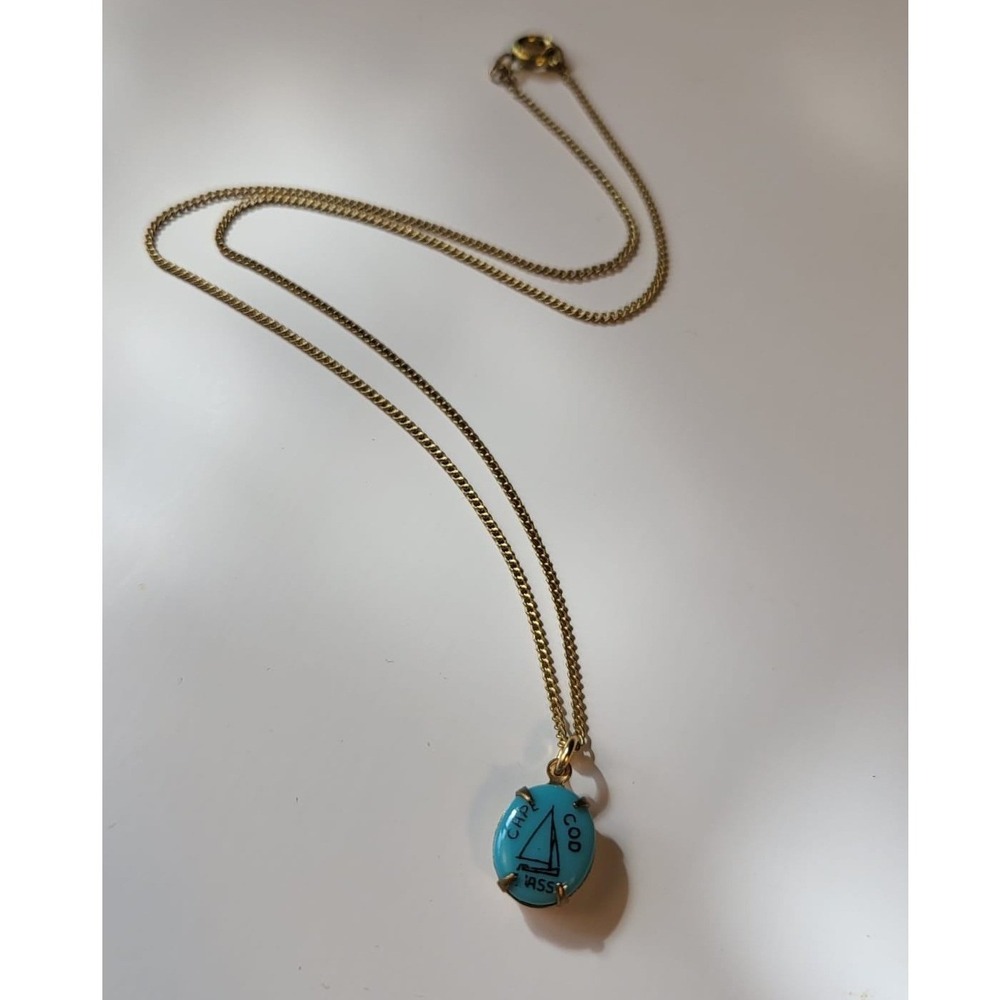 Vintage Gold Tone Necklace Turquoise Pendant Sailboat Cape Cod Charm - Picture 4 of 7